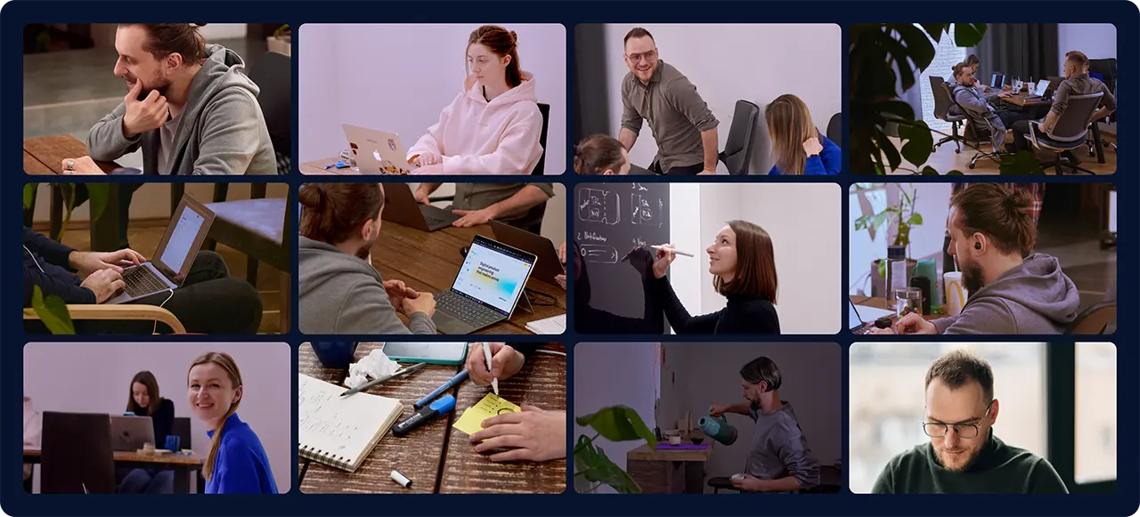 Collage of the Artkai team at work: at laptops, at a whiteboard and in meetings