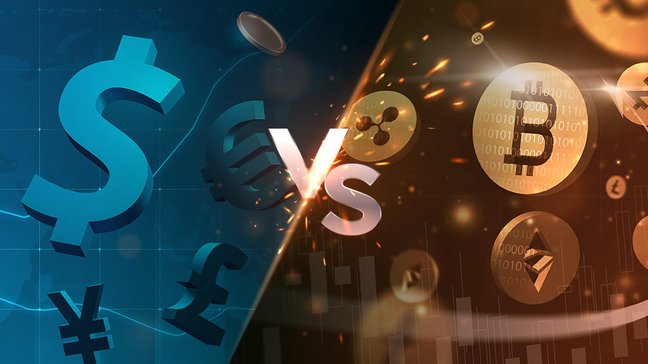 Illustration of Forex and crypto trading: dollar, euro, pound and yen symbols on one side, Bitcoin, Ethereum and other crypto coins on the other